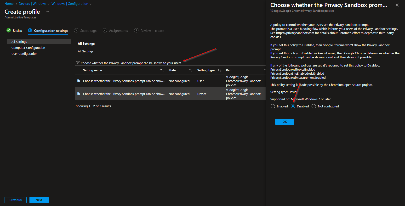 Configuring Privacy Sandbox prompt setting to Disabled
